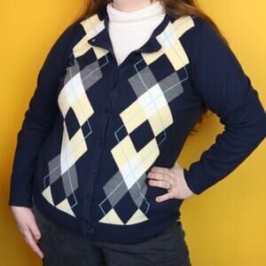 y2k Navy Blue Argyle Button Up Cardigan, L